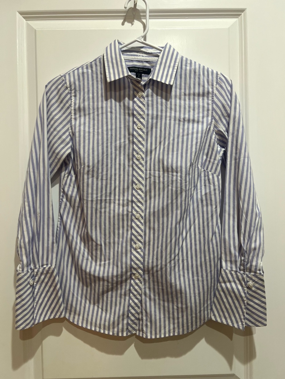 Banana Republic Women’s Light Blue and White Stripe Dress Shirt